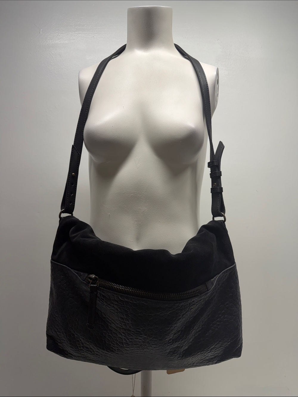 49 Square Miles Fold Over Leather Suede Crossbody Tote Purse Bag Black New - Picture 6 of 12